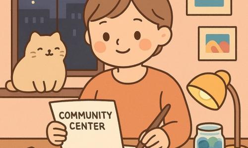About a 30-year-old female artist with light brown hair in a loose bun, round smiling face and gentle bright eyes, serene and determined, seated at her desk holding a letter addressed to the community center in one hand and a wet brush over an open sketchbook in the other; a beige 