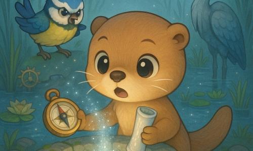 A young anthropomorphic otter (main character) with round bright eyes, smooth golden-brown fur, fine whiskers and a determined, awed expression crouches at the edge of an old moss-covered stone well, holding a small shiny brass compass in one paw and a waving silver scroll in the other; a blue magpie (secondary) with deep-blue feathers and a cream belly, mischievous but slightly worried, perches on the well's ring to the otter's left with wings half-open as if ready to help; a tall living stone heron (secondary), slender with iridescent gray feathers and a wise, stern gaze, stands in the marsh water in the background watching from the shore; the setting is an ancient well in a clockwork marsh where reeds have gears and lily pads turn, wet stones with green moss, twilight bluish light flecked with silver sparkles; main action: the otter speaks the riddle's answer above the shimmering well as the silver scroll glows and reveals a rising mirrorlike water—an atmosphere of wonder and gentle tension, vivid pastel colors, soft textures, rounded shapes, centered composition, adventurous and tender mood.