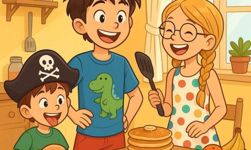 Dwunastoletni chłopiec z rozczochranymi brązowymi włosami i błyszczącymi oczami stoi na środku sceny. Ma na sobie niebieski t-shirt z rysunkiem dinozaura i czerwone szorty, a na twarzy ma szeroki uśmiech pełen radości i ekscytacji. Obok niego stoi jego dziesięcioletnia siostra z blond warkoczem i okrągłymi okularami, śmiejąc się, trzymając łopatkę, gotowa do robienia naleśników. Ma na sobie kolorową sukienkę w kropki i stoi nieco z tyłu, ale jej wzrok jest skierowany na brata. Nieco dalej ich sześcioletni brat z kasztanowymi włosami i pirackim kapeluszem robi śmieszne miny, trzymając mały bębenek. Scena rozgrywa się w jasnej kuchni z żółtymi ścianami i oknami wpuszczającymi światło słoneczne, oświetlającymi drewniany stół zastawiony naleśnikami, świeżymi owocami i kolorowymi dżemami. W tle przybory kuchenne i doniczki dodają ciepłego klimatu. Główna sytuacja pokazuje chłopca i jego siostrę przygotowujących wesołe śniadanie, śmiejąc się i bawiąc razem, podczas gdy mały brat wydaje dźwięki bębna, tworząc radosną i pełną życia atmosferę.