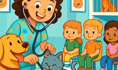 A cheerful veterinarian, Dr. Lily Green, has curly brown hair and wears colorful scrubs with little paw prints. She has a warm smile and sparkling eyes as she examines a small gray kitten named Whiskers, who is playing with a ball of yarn. Beside her, Max, a friendly golden retriever, sits with a wagging tail, curiously watching the kitten. The scene takes place in a bright and welcoming veterinary clinic with pastel blue walls, smiling animal posters, and cages containing happy animals. Pet toys are scattered on the floor, creating a joyful atmosphere. Dr. Lily is giving Whiskers a check-up, holding a stethoscope and laughing, while children Emma, Liam, Sofia, and Noah watch in awe from colorful chairs, eager to learn how to take care of animals.
