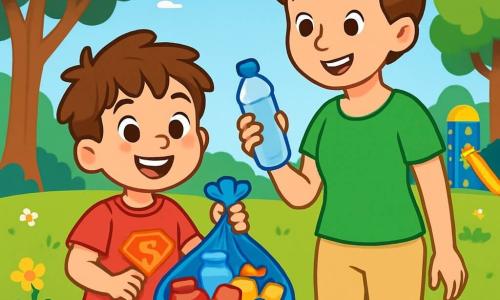 Un niño de 6 años, Lucas, con cabello castaño despeinado y ojos llenos de curiosidad, sonríe alegremente mientras sostiene una gran bolsa de basura colorida. Lleva una camiseta roja con un dibujo de superhéroe y un pantalón corto azul. A su lado, su mamá, una mujer de unos 30 años con cabello castaño recogido en un moño, lleva una camiseta verde y pantalones beige. Sonríe orgullosamente mientras sostiene una botella de plástico que acaba de recoger. El parque es verde, lleno de flores coloridas, árboles majestuosos y un césped bien cuidado. Al fondo, se pueden ver niños jugando en columpios y un tobogán. La escena muestra a Lucas y su mamá recogiendo basura en el parque, rodeados de risas y alegría, ilustrando la importancia de cuidar la naturaleza.