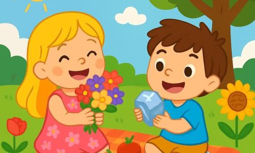 There are 2 main characters: Lily, a 4-year-old girl with long blonde hair and sparkling eyes, wearing a pink floral dress and holding a bouquet of colorful flowers, standing on the left, smiling and full of energy; and Max, a 4-year-old boy with messy brown hair and brown eyes, wearing a blue t-shirt and yellow shorts, standing to the right of Lily, holding a large shiny stone he found, with a big smile on his face. The scene takes place in a sunny garden filled with vibrant flowers: red roses, yellow sunflowers, and violets, with a well-maintained green lawn, a large tree providing welcoming shade, and a clear blue sky dotted with fluffy white clouds. The main situation shows Lily and Max having a joyful picnic on a checkered blanket, surrounded by their treasures: colorful flowers and shiny stones, laughing and sharing juicy fruits, with the sun shining on their happy faces.