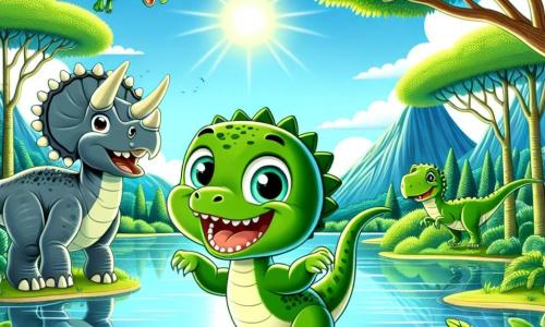 Un piccolo velociraptor di nome Rocco, con un piumaggio verde brillante e occhi pieni di curiosità, salta gioiosamente al bordo di un grande lago, mostrando un ampio sorriso. Accanto a lui, un triceratopo di nome Tito, con tre corna sulla fronte e una pelle grigia, lo osserva con entusiasmo, pronto a seguirlo nell'avventura. Non lontano, un ankilosauro di nome Nino, con una corazza spessa e spine sulla schiena, si tiene indietro, sorridendo e guardando il lago con ammirazione. Lo scenario è una giungla lussureggiante, piena di alberi giganti con foglie verdi brillanti, fiori colorati e raggi di sole che filtrano attraverso il fogliame, creando un'atmosfera magica. Sullo sfondo, si profilano montagne all'orizzonte, aggiungendo un tocco di avventura alla scena. La situazione principale mostra Rocco, Tito e Nino che giocano vicino al lago, ridendo e divertendosi, mentre cercano il grande brontosauro, simboleggiando l'amicizia e l'avventura in questo mondo preistorico.