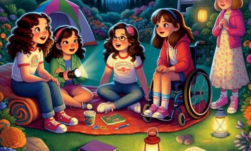 Em um jardim noturno, quatro meninas de onze anos estão ao redor de uma pequena tenda colorida. Beatriz, a líder corajosa, tem cabelos cacheados e usa uma camiseta vermelha com um short jeans, segurando uma lanterna. Luísa, a criativa, tem cabelos longos e lisos presos em um rabo de cavalo e usa um vestido florido, sentada em uma coberta, contando uma história. Clara, a estrategista, tem cabelos castanhos e usa um moletom azul, está em sua cadeira de rodas, sorrindo e ouvindo atentamente com um caderno no colo. Sofia, a mais tímida, tem cabelos loiros e usa um suéter rosa, um pouco afastada, segurando uma lanterna acesa e observando as sombras ao seu redor. O jardim é iluminado pela luz suave da lua, destacando as flores coloridas e as árvores misteriosas. As meninas se preparam para passar a noite juntas, compartilhando histórias e enfrentando seus medos do escuro, enquanto as estrelas brilham acima, adicionando um toque mágico a esta aventura noturna.