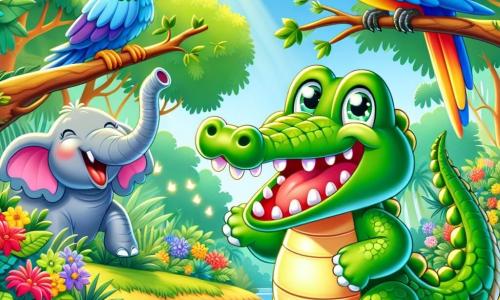 Un crocodil zâmbitor pe nume Chichi, cu o piele verde strălucitoare și ochi plini de bucurie, stă pe marginea unui pârâu, râzând din toate puterile. Lângă el, un papagal colorat pe nume Pepi, cu pene roșii, galbene și albastre, se agață de o ramură, râzând cu poftă, pregătit să spună o glumă. În fundal, un elefant jovial pe nume DumDum, cu urechi mari și o trompă amuzantă, stă pe mal, pregătindu-se să facă o glumă despre trompa sa. Decorul este o junglă luxuriantă, plină de frunze verzi, flori colorate și copaci măreți, în timp ce soarele strălucește printre frunze, creând o atmosferă veselă și jucăușă. Scena arată cum Chichi și prietenii săi râd împreună, înconjurați de lumea lor magică, pregătiți să împărtășească povești amuzante și să se distreze.