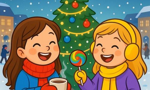 Una niña de 8 años, con largos cabellos castaños y mejillas sonrojadas, sonríe alegremente sosteniendo una taza de chocolate caliente humeante. Lleva un abrigo azul brillante, una bufanda roja y guantes de lana. A su lado, otra niña, Lucía, también de 8 años, con cabello rubio y orejeras amarillas, ríe mientras le ofrece un caramelo colorido. Están frente a un gran árbol de Navidad iluminado, decorado con bolas brillantes y guirnaldas luminosas, en el corazón de una plaza animada. La nieve cae suavemente, cubriendo el suelo con un manto blanco, mientras familias y niños juegan alrededor, creando una atmósfera festiva y cálida. Las dos niñas comparten un momento de complicidad, rodeadas de luces brillantes y risas, ilustrando la magia del invierno.