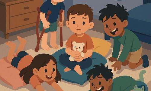 Hay cuatro niños de 9 años: Martín (pelo castaño corto, sonrisa tímida) sentado en el centro sobre un gran cojín azul abrazando un peluche blanco; Ana (pelo largo castaño, enérgica) a la izquierda de Martín, estirada en el suelo como un gato sobre un cojín rosa; Diego (pelo negro despeinado, travieso) a la derecha, inclinado hacia adelante riendo y alcanzando una galleta en forma de estrella; Lucas (pelo rubio corto, tranquilo y listo) detrás de Martín apoyado en dos muletas rojas en V, mirando con ternura. La escena ocurre en una habitación infantil cálida vista en ligera picado: alfombra crema texturada, cojines coloridos, ventana redonda con luz lunar suave, estantería con libros, una radio antigua sobre una cómoda y un pequeño gato verde pálido llamado Menta escondido en una gran media a rayas. Los cuatro compiten en un concurso de bostezos y galletas saltarinas sobre los cojines, risas silenciosas, gestos exagerados, migas en forma de estrellas por el suelo, ambiente nocturno acogedor, formas sencillas y colores pastel contrastados.