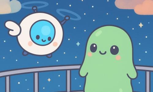 Un pequeño dron redondo llamado Liro, con una luz azul brillante en el frente y alas que zumban suavemente, flota alegremente en el espacio. A su lado, Nura, una criatura extraterrestre verde y gelatinosa, sonríe con ojos negros centelleantes, de pie cerca de la barandilla de la terraza de la estación espacial Nube Clara. La terraza tiene un suelo de vidrio transparente y barandillas plateadas, ofreciendo una vista espectacular del espacio infinito, salpicado de estrellas centelleantes y nubes de gas coloridas. Liro y Nura, llenos de asombro, miran juntos las estrellas, compartiendo un momento de amistad bajo el vasto cielo estrellado.