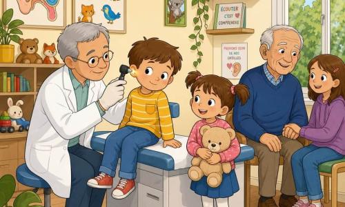 Un médico sonriente y sereno, de rostro redondo, gafas finas y cabello gris corto, con bata blanca, sostiene un otoscopio brillante con una mano enguantada y mira suavemente el oído de un niño; Tomás, de unos 5 años, cabello castaño corto y expresión tímida pero tranquila, sentado en la camilla con las piernas colgando, gira la cabeza hacia el médico; Martina, de unos 4 años, con dos coletas y un osito beige, está de pie junto a la camilla sonriendo; un abuelo de unos 75 años, arrugado pero alegre, con suéter azul y audífono detrás de la oreja derecha, sentado junto a la ventana sujetando la mano de su nieta de unos 7 años; el consultorio es acogedor y luminoso, paredes crema, plantas en maceta, pósters de orejas y animales, una lámpara redonda colgante y juguetes en una estantería; la escena principal muestra el examen de oído con un halo de luz dorada del otoscopio, ambiente cálido y tranquilizador, colores vivos y contornos nítidos.