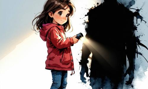 Una niña de 9 años, llamada Alicia, se encuentra en el centro de la imagen, con grandes ojos curiosos y cabello castaño desordenado. Lleva una chaqueta roja y pantalones de mezclilla, sosteniendo una pequeña linterna que ilumina su rostro, revelando una expresión valiente y ligeramente asustada. Cerca, una sombra misteriosa, sin rostro pero con silueta humana, flota en el aire, observando a Alicia en silencio. La sombra parece amenazante e intrigante, situada en la oscuridad, justo fuera del haz de luz de la linterna. El escenario es un antiguo parque de atracciones abandonado, con atracciones oxidadas y luces apagadas. Telarañas cuelgan de las estructuras y hojas muertas cubren el suelo. Al fondo, se ve una casa de espejos rota, con fragmentos de vidrio reflejando la luz de la linterna de Alicia. La situación principal muestra a Alicia, decidida, avanzando hacia la casa de espejos, iluminando su camino con su linterna, mientras la sombra la sigue en silencio, creando una atmósfera inquietante y fascinante.