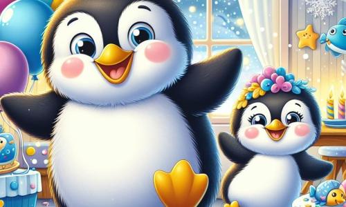 Pinguino, un pinguino felice con una pancia rotonda e piume bianche e nere, sorride tenendo un grande striscione colorato con la scritta "Benvenuto 2024!" tra le sue piccole zampe. È circondato da sua sorella, Piccola Pinguina, una piccola pinguina con occhi scintillanti e piume morbide, che salta di gioia tenendo dei palloncini colorati. La scena si svolge in una casa accogliente, decorata con ghirlande scintillanti e palloncini blu e gialli, con un grande tavolo pieno di biscotti a forma di pesce e una deliziosa torta di alghe. Sullo sfondo, la finestra mostra fiocchi di neve che cadono dolcemente, aggiungendo un tocco magico all'atmosfera. In questa illustrazione, Pinguino e Piccola Pinguina stanno preparando una festa di Capodanno, pieni di risate e gioia, pronti ad accogliere la loro famiglia per celebrare insieme l'arrivo del nuovo anno.