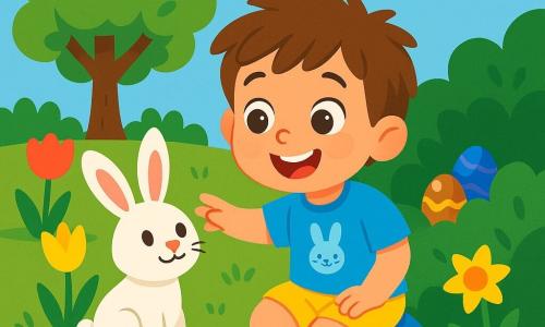 Un bambino di 4 anni, di nome Matteo, con capelli castani disordinati e grandi occhi brillanti, è seduto sull'erba verde del giardino, con il viso illuminato da un sorriso felice. Indossa una maglietta blu con un coniglietto disegnato sopra e un pantaloncino giallo vivo. Accanto a lui c'è un adorabile coniglietto di Pasqua, un piccolo coniglio bianco con grandi orecchie, che guarda Matteo con occhi dolci e incoraggianti, pronto ad aiutarlo nella sua ricerca. Il giardino è pieno di fiori colorati, con tulipani rossi e narcisi gialli che danzano al vento. Sullo sfondo, un grande albero frondoso offre ombra, mentre delle uova di cioccolato brillanti sono nascoste dietro i cespugli. In questa scena, Matteo e il coniglietto di Pasqua sono impegnati nella ricerca di uova di Pasqua perse, con espressioni di eccitazione sui loro volti. Matteo allunga la mano verso un cespuglio, sperando di scoprire un tesoro di cioccolato nascosto.