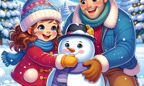 Una bambina di 3 anni, Sofia, con grandi occhi scintillanti e capelli ricci castani, sorride gioiosamente mentre costruisce un grande pupazzo di neve. Indossa un vivace cappotto rosso, un berretto di lana blu e guanti gialli, accovacciata nella neve con le guance rosate per il freddo e l'eccitazione. Accanto a lei, suo padre, un uomo di circa 30 anni con una leggera barba e un sorriso caloroso, la aiuta a mettere un cappello nero sul pupazzo. Indossa una giacca blu e una sciarpa verde, piegandosi in avanti e ridendo con la figlia. Lo sfondo è un paesaggio invernale magico, con alberi coperti di neve scintillante, un cielo blu chiaro e fiocchi di neve che cadono dolcemente. La scena principale mostra Sofia e suo padre mentre costruiscono un pupazzo di neve, circondati da risate e gioia, catturando la magia dell'inverno e i momenti preziosi trascorsi insieme.