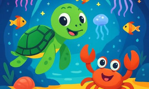 Tino, una piccola tartaruga marina verde con un guscio lucente e occhi brillanti di curiosità, nuota felicemente nell'acqua chiara, con un grande sorriso sul volto. Accanto a lui, Gino, un piccolo granchio rosso vivo con chele divertenti e occhi rotondi, salta allegramente sulla sabbia, mostrando un'espressione giocosa. Lo scenario è una grotta sottomarina magica, con pareti scintillanti e conchiglie colorate che brillano come stelle. Meduse luminose fluttuano dolcemente intorno a loro, illuminando l'acqua con una dolce luce multicolore. La scena mostra Tino e Gino che esplorano insieme, circondati da pesci colorati che nuotano intorno a loro, creando un'atmosfera gioiosa e piena di avventura.