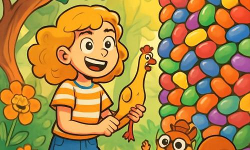 A 12-year-old girl named Lila, with curly golden hair, a bright smile, and sparkling curious eyes, stands in front of a huge wall of multicolored jellybeans. She wears a striped t-shirt and denim shorts, holding a funny plastic chicken named Clucky in one hand, ready to throw it. Next to her, a small squirrel named Professor Nutty, wearing round glasses and a tiny hat, enthusiastically claps with his little paws raised. The setting is an enchanted forest, with twisted tree trunks and vibrant flowers that seem to laugh, while rays of sunlight filter through the foliage, creating a magical atmosphere. The main scene shows Lila, full of energy and determination, ready to tackle the jellybean wall using her imagination and sense of humor.