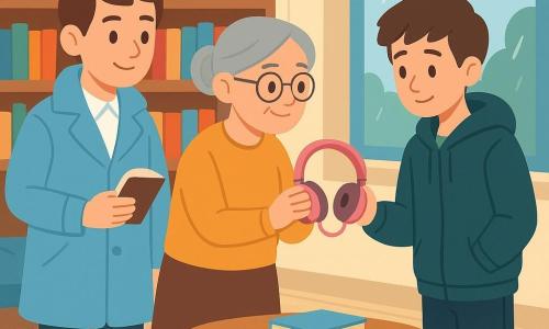 Een jonge detective, nieuwsgierig en rustig, in een lichtblauwe regenjas met kort bruin haar en notitieboekje kijkt licht glimlachend; een volwassen vrouwelijke bibliothecaresse met grijs haar in een knot, ronde bril en mosterdkleurige trui ontvangt zacht en dankbaar een paar roze koptelefoons; een verlegen opgeluchte 14‑jarige jongen in een capuchonjas steekt de zak van zijn jas uit waar de doos met de koptelefoons uitkomt, vlak bij de detective; een klein rood hondje met halsband en belletje slaapt bij de openstaande deur; de scène speelt zich af in een lichte schoolbibliotheek met lage kleurrijke boekenkasten, blauwe kussens, groot raam met regendruppels en lichte houten vloer; hoofdgebeurtenis: eerlijke teruggave van gevonden koptelefoons, kalme gebaren, geruststellende blikken, warme gezonde sfeer, personages gecentreerd rond een salontafel.