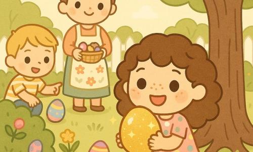 Sześcioletnia Zosia z kręconymi brązowymi włosami i piegami, w pastelowej sukience w kropki, klęczy przy korzeniach starej jabłoni i trzyma błyszczące jajko pokryte złotymi brokatem; jej mama (około 30–35 lat), uśmiechnięta, z włosami w koku i w kwiecistym fartuszku, stoi w oddali z koszyczkiem słodyczy; około siedmioletni chłopiec, przyjaciel Zosi, w krótkich blond włosach i pasiastym t‑shircie, klęczy przy krzewie i pokazuje znalezione kolorowe jajko; wiosenny ogród domowy z zieloną trawą, żółtymi i fioletowymi kwiatami, niskimi gałęziami jabłoni i porozrzucanymi kolorowymi jajkami; główna scena: radosne poszukiwanie jajek wielkanocnych — Zosia odkrywa „magiczne jajko” w korzeniach, które emituje ciepłe światło i brokat; atmosfera pastelowa, spokojna, proste formy i miękkie faktury.