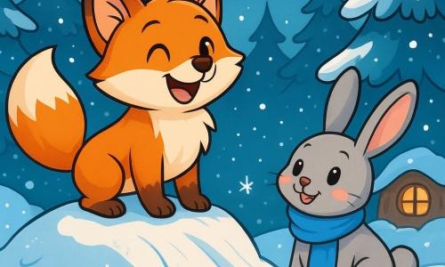A small orange fox named Milo stands joyfully at the top of a snowy hill, his eyes sparkling with excitement and a bright smile on his face. His fur is soft and silky, and his bushy tail is raised behind him, ready to slide. Beside him is a young bunny named Lena, with big ears and rosy cheeks, watching curiously with sparkling eyes. She wears a blue scarf that contrasts with her light gray fur and stands slightly back, ready to try the small snow slide Milo has built. The setting is a magical winter forest, with majestic trees covered in sparkling snow, gentle snowflakes falling from the light blue sky, and warm lights glowing from the neighboring burrows. The scene captures Milo and Lena, ready to slide down the snowy slope together, sharing a moment of camaraderie and adventure amidst the peaceful beauty of winter.