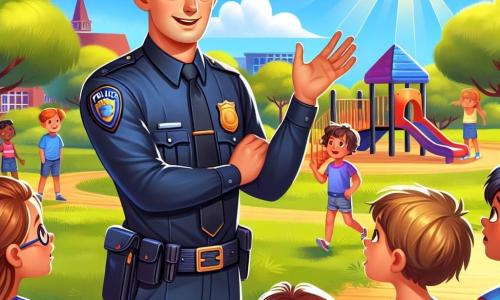 Un polițist pe nume Matei stă în centrul imaginii. Are o statură impunătoare, cu un uniform albastru închis bine ajustat, o șapcă pe cap și un zâmbet cald pe față. Ochii lui strălucesc de entuziasm în timp ce vorbește cu un grup de copii. Printre copii se află Ana, o fetiță de zece ani, cu părul lung și brunet și ochelari rotunzi, care îl privește pe Matei cu admirație, cu brațele încrucișate pe piept. Lângă ea, Andrei, un băiat de zece ani cu părul blond și un tricou roșu, ridică mâna pentru a pune o întrebare, fața lui radiantă de curiozitate. Scena are loc într-un parc verde, plin de copaci măreți și flori colorate. În fundal, se vede o zonă de joacă animată, cu copii care râd și se joacă, în timp ce soarele strălucește pe cerul albastru. Matei le explică copiilor importanța muncii sale de polițist, încurajându-i să fie cetățeni buni, iar copiii, captivați de cuvintele lui, sunt nerăbdători să învețe și să participe împreună la o aventură.