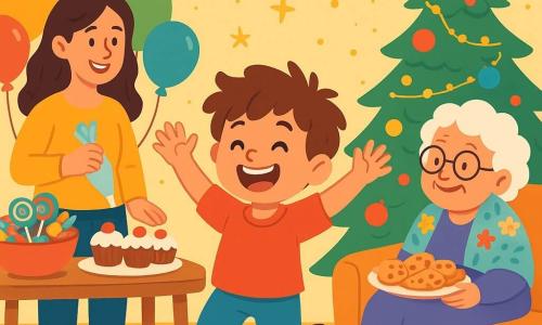 Um menino de 4 anos, chamado Pedro, com cabelos castanhos bagunçados e olhos brilhantes de alegria, usa uma camisa vermelha brilhante e calças azuis. Ele pula de felicidade no meio da sala, com um grande sorriso no rosto e os braços levantados como se quisesse pegar as estrelas. Sua mãe, uma mulher sorridente de cerca de 30 anos, com cabelos longos e cacheados, prepara doces na mesa, cercada por balões coloridos. Vovó, uma avó gentil com óculos e um xale florido, ri enquanto segura um prato de bolos, sentada no sofá ao lado de Pedro. A sala está decorada com guirlandas brilhantes, luzes piscantes e uma grande árvore de Natal em um canto, criando uma atmosfera festiva. A cena principal mostra Pedro, animado, pronto para celebrar o Ano Novo com sua família, cercado de risos e cores vibrantes.