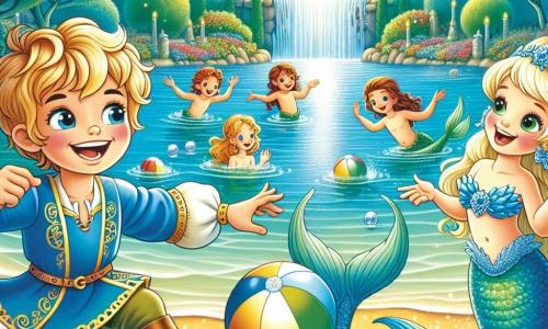 Aan de oever van een prachtig kristalhelder meer speelt prins Floris, een jongen van ongeveer 10 jaar met blond, krullend haar, in een blauwe tuniek versierd met gouden motieven. Hij lacht vrolijk, zijn ogen sprankelend van opwinding, terwijl hij met zeemeerminnen speelt. De zeemeermin Serena, een mooi meisje met lang blauw haar en een glinsterende staart, zwemt naast hem, lachend en spetterend met haar handen. Ze is ongeveer 12 jaar oud en lijkt vol leven en energie. De omgeving is betoverend, met majestueuze bomen met stralend groene bladeren, kleurrijke bloemen langs de oever en zonnestralen die over het water dansen. De hoofdscène toont prins Floris en Serena die een waterbalspel spelen, omringd door gelach en waterbellen, terwijl andere zeemeerminnen hen vanaf de oever aanmoedigen, wat een vrolijke en magische sfeer creëert.