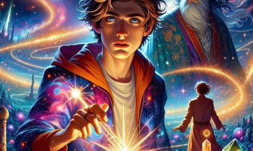 In a vast field of sparkling stars, a young man named Leo Starcatcher, around 20 years old, stands at the center. He has messy brown hair, determined sparkling eyes, and wears a colorful spacesuit adorned with galactic patterns. His face shows intense concentration and a glimmer of hope as he holds the Celestial Prism, which emits a bright light, illuminating his face. Next to him is Zara, an 18-year-old girl with fiery red hair and futuristic glasses, leaning over a shiny gadget she created, her eyes sparkling with excitement. Orin, a 60-year-old man with a long silver beard and a flowing robe, observes wisely, holding a magical staff that sparkles with energy. He stands slightly back, ready to intervene with his powers. The backdrop is a breathtaking cosmic landscape, with colorful nebulae swirling around them and comets streaking across the starry sky. The ground is dotted with glowing crystals reflecting the Prism's light, creating a magical atmosphere. The main scene shows Leo raising the Celestial Prism to the sky, releasing an explosion of light that pushes back the threatening shadows of the Wraiths, while Zara and Orin stand by his side, ready to assist him in this epic struggle for light and hope.