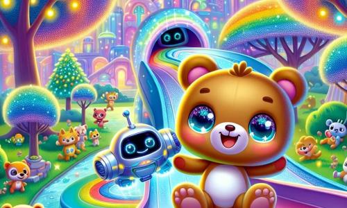 Em um parque mágico da cidade futurista de Lumina, um pequeno ursinho de pelúcia chamado Téo, com pelagem marrom suave e olhos brilhantes de curiosidade, desliza alegremente em um escorregador em forma de arco-íris, exibindo um grande sorriso. Ao lado dele, um pequeno robô flutuante chamado Lumin, com um corpo prateado brilhante e luzes coloridas piscando, observa Téo com um sorriso amigável, seus olhos luminosos expressando excitação e alegria. O parque está cheio de árvores cintilantes com folhas multicoloridas, brinquedos animados que cantam e dançam, e crianças-animais que riem e brincam ao redor, criando uma atmosfera alegre e mágica. A cena principal mostra Téo descendo o escorregador arco-íris, enquanto Lumin o incentiva, cercados por uma atmosfera vibrante e colorida, cheia de magia e descobertas.