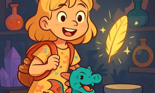 A 10-year-old girl named Lila, with golden wheat-like hair and sparkling curious eyes, stands at the center of the scene, smiling and full of enthusiasm. She wears a light floral dress and holds a backpack filled with peanut butter sandwiches. Beside her is a small dragon named Fizzle, dog-sized, with shimmering brightly colored scales and a wide smile, joyfully flapping its wings. The setting is the Cave of Curiosities, filled with strange, glowing treasures, with crystals shining in the darkness and dancing shadows mimicking the movements of Lila and Fizzle. The soft light creates a magical and playful atmosphere. Lila and Fizzle discover the Feather of Fortune, a glowing feather floating above a pedestal, while amusing shadows surround them, laughing and applauding their actions.