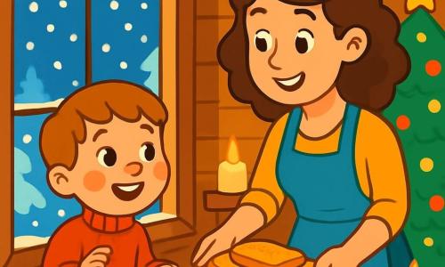 A 6-year-old boy named Tom, with round, rosy cheeks, smiles with sparkling curious eyes. He wears a red wool sweater and blue pants, gazing out the window, mesmerized by the gently falling snow. Next to him, his mother, a woman in her thirties with curly brown hair, prepares a plate of French toast at the table, a warm smile on her face. The scene takes place in a small wooden house decorated with fairy lights, featuring a sparkling Christmas tree in one corner and candles casting a soft golden glow. The room is filled with warmth, with snowflakes visible through the window, creating a magical and festive atmosphere. Tom, full of enthusiasm, eagerly awaits the arrival of a mysterious guest while his mother prepares the meal, making the atmosphere even more welcoming and joyful.