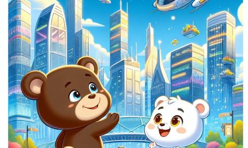 Un pequeño oso marrón con ojos brillantes, pelaje suave y una expresión maravillada, se encuentra en el centro de una ciudad futurista, observando los edificios brillantes a su alrededor. A su lado, un perrito blanco con una sonrisa cálida, pelaje sedoso y ojos vivos, lo anima con entusiasmo, señalando un vehículo volador que pasa sobre ellos. El lugar es una metrópoli deslumbrante, donde los rascacielos de vidrio brillan bajo el sol, los vehículos flotantes surcan el cielo azul y los jardines colgantes añaden toques de verde colorido. La escena principal muestra al oso y al perrito descubriendo juntos las maravillas de esta ciudad mágica, llenos de asombro y curiosidad, listos para explorar un mundo donde la tecnología y la naturaleza se armonizan.