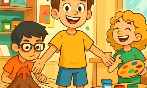 Un ragazzo di 12 anni, Lorenzo, con capelli castani disordinati e occhi brillanti di curiosità, si trova al centro dell'immagine, con un grande sorriso sul viso e le braccia aperte come se stesse accogliendo l'avventura. Indossa una maglietta gialla e un pantaloncino blu, con scarpe da ginnastica usurate ma comode. Alla sua destra, Matilde, una ragazza di 11 anni con capelli ricci e dorati, ride tenendo una tavolozza di colori, i suoi occhi brillano di eccitazione. A sinistra, Amir, un ragazzo di 12 anni con occhiali e capelli neri, osserva attentamente un vulcano di cartone che hanno realizzato insieme, con un'espressione di concentrazione sul volto. Il contesto è un laboratorio artistico luminoso, pieno di colori vivaci: barattoli di vernice sparsi su tavoli di legno, fogli di carta di tutte le dimensioni e creazioni in fase di completamento. Raggi di sole filtrano attraverso le finestre, illuminando la stanza con una luce calda e gioiosa. La scena principale mostra Lorenzo e i suoi amici che lavorano insieme al loro progetto artistico, un vulcano di carta pesta che inizia a prendere forma, circondati da risate e creatività. L'atmosfera è piena di energia e amicizia, illustrando lo spirito di avventura e di amicizia che li unisce durante le loro vacanze estive.