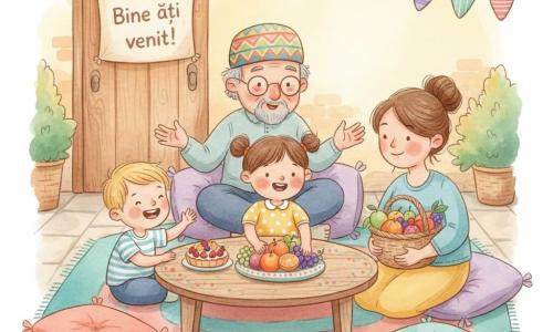 O fetiță de 4 ani, bucuroasă și uimită, cu părul șaten în două cozi, față rotundă și obraji roșii, poartă o rochie galbenă cu buline albe și aranjează cu grijă fructe pe o măsuță joasă; o femeie (mama, ~30–35 ani), zâmbitoare, părul prins în coc, ține un coș cu fructe la dreapta; un bărbat în vârstă (bunicul, ~70 ani), cu ochelari rotunzi și barbă gri, poartă o șapcă colorată și povestește așezat pe o pernă în spate; un băiețel vecin (~5 ani), curios și zâmbitor, blond și scurt, întinde mâna spre o tartă la stânga; curte luminoasă și intimă cu piatră deschisă, covoare și perne colorate, o masă mică de lemn pictată, ghirlandă de fanioane și un poster mare „Bine ați venit!” pe ușă; scenă despre pregătirea unei mese festive de Ramadan la apus, lumină aurie, umbre blânde, stil acuarelă cu linii difuze și texturi de hârtie; compoziție centrată pe fetiță, interacțiuni blânde, paletă caldă și pastelată, atmosferă calmă și veselă