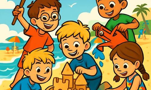 Er zijn 4 kinderen: - Jens: een 10-jarig jongetje met rommelig blond haar en sprankelende ogen. Hij draagt een blauwe t-shirt en shorts. Hij is bezig met het bouwen van een groot zandkasteel. - Sem: een 10-jarig jongetje met bruin haar en een bril. Hij draagt een rood t-shirt en gestreepte shorts. Hij doet alsof hij een piraat is met een stok als zwaard, staande naast Jens. - Roos: een 8-jarig meisje met gevlochten kastanjebruin haar en een mooi bloemenbadpak. Ze zit op de grond en versiert het zandkasteel met gekleurde schelpen. - Farid: een 9-jarig jongetje met zwart haar en levendige ogen. Hij draagt een groene t-shirt en shorts. Hij giet water over het kasteel om het steviger te maken, net achter Jens. De locatie is een zonnig strand met glinsterend goudkleurig zand. Op de achtergrond komen zachte golven het strand kussen en meeuwen vliegen in de heldere blauwe lucht. Kleurrijke parasols staan op het zand en gezinnen wandelen langs de zee. De belangrijkste situatie toont de kinderen in actie, lachend en samen plezier hebbend, geconcentreerd op het bouwen van hun zandkasteel, omringd door schelpen en strandspeelgoed, terwijl een grote golf zich aandient, klaar om hen te verrassen.