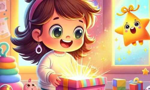 O fetiță de 4 ani, Mia, cu ochi mari și strălucitori și păr castaniu în dezordine, zâmbește cu uimire în timp ce ține în mâini o cutie mică și luminoasă. Alături de ea, Tiki, un mic personaj strălucitor care seamănă cu o stea cu brațe și picioare, flotă vesel în aer, pregătit să o ducă într-o aventură. Scena se desfășoară în camera Miei, decorată cu pereți pastel și jucării colorate împrăștiate pe podea, iar o fereastră lasă să intre lumina aurie a soarelui, iluminând camera cu o atmosferă caldă. Mia și Tiki stau în fața cutiei magice, care strălucește intens, în timp ce scântei dansează în jurul lor, creând o atmosferă de mister și entuziasm, pregătiți să călătorească în timp spre lumi necunoscute.
