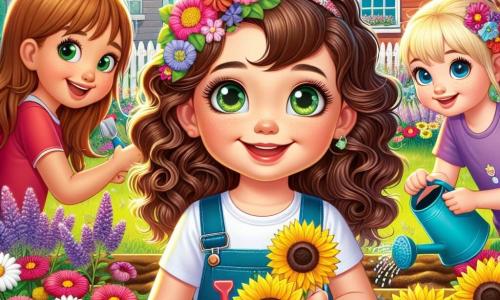 Tres chicas, Ana, Clara y Sofía, están en el centro de la imagen. Ana, una niña de nueve años con cabello castaño rizado y ojos verdes brillantes, sostiene una pequeña pala y sonríe con entusiasmo. A su derecha, Clara, también de nueve años, lleva una diadema de flores coloridas y tiene el cabello rubio liso; mira con asombro un girasol que acaba de crecer. A la izquierda, Sofía, una niña de nueve años en silla de ruedas, tiene el cabello castaño recogido en una coleta y lleva una camiseta morada; sostiene un regador y riega delicadamente las flores. El escenario se desarrolla en un jardín vibrante de colores, lleno de flores brillantes como margaritas blancas, lavandas moradas y girasoles amarillos. Al fondo, se ve una escuela de madera con ventanas abiertas que dejan entrar la luz del sol primaveral, y árboles en flor que añaden un toque de magia. La escena muestra a las tres amigas plantando semillas y cuidando su jardín, rodeadas de risas y alegría, simbolizando la amistad y la belleza de la primavera.
