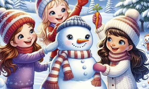 Tre amiche sono al centro di un paesaggio invernale. Sofia, una ragazza di 8 anni con lunghi capelli castani e un berretto rosso, sorride tenendo una palla di neve. Accanto a lei, Emma, una ragazza di 7 anni con capelli biondi e guance rosa, ride alzando le braccia, pronta a lanciare una palla di neve. Infine, Chiara, una ragazza di 8 anni con capelli castani e una sciarpa a righe, è accovacciata, aggiungendo una carota al naso del grande pupazzo di neve che hanno costruito. Il paesaggio è una collina innevata, coperta da uno spesso strato di neve scintillante sotto il sole invernale. Gli alberi con rami carichi di neve si ergono sullo sfondo, mentre il cielo è di un blu brillante, punteggiato da alcune nuvole bianche. Le tre amiche stanno giocando insieme, ridendo e divertendosi a creare un magnifico pupazzo di neve, simbolo di amicizia e gioia invernale.
