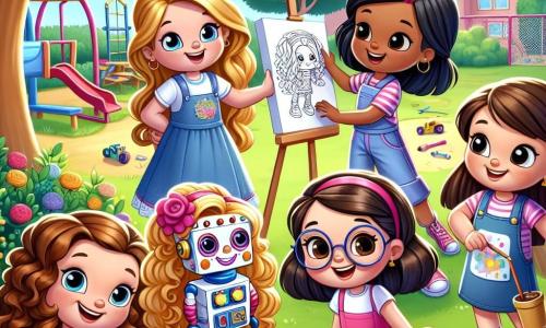 In un giardino scolastico colorato, quattro bambini si riuniscono per risolvere un mistero. Sofia, una ragazza di 8 anni con lunghi capelli biondi ricci, indossa un vestito rosa e tiene in mano un piccolo robot di legno. Chiara, con occhiali tondi e capelli castani legati in una coda di cavallo, legge un pezzo di carta con aria curiosa. Emma, con capelli castani corti e un abbigliamento sportivo, salta di gioia pronta a esplorare. Giulia, con lunghi capelli neri e un grembiule da pittore, dipinge un cielo stellato su una tela. Il giardino è pieno di fiori colorati, alberi verdi e un grande parco giochi sullo sfondo. I bambini sono in cerca di indizi per ritrovare il proprietario del robot di legno, circondati dalla natura e da oggetti d'arte.