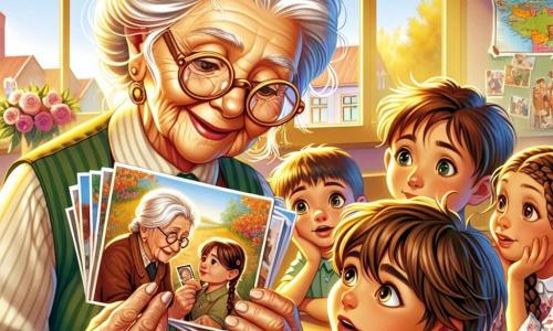Una donna anziana, Nonna Sofia, con capelli argentati e occhiali rotondi, sorride dolcemente mentre tiene in mano una vecchia foto. I suoi occhi brillanti esprimono nostalgia e saggezza. Accanto a lei, un ragazzo di 8 anni, con capelli castani arruffati e una maglietta gialla, l'ascolta attentamente, con occhi spalancati per la curiosità. Un'altra bambina, di 7 anni con due trecce e un vestito a fiori, guarda la lettera che Nonna Sofia ha portato, affascinata dalle parole scritte a mano. La scena si svolge in un'aula accogliente, con muri decorati da disegni di bambini e finestre che lasciano entrare la luce del sole, illuminando i volti dei bambini. Sullo sfondo, una grande mappa del mondo mostra paesi colorati, ricordando l'importanza della pace. La situazione principale mostra Nonna Sofia che condivide storie di coraggio e amicizia durante tempi difficili, circondata da bambini attenti che sognano un futuro migliore.