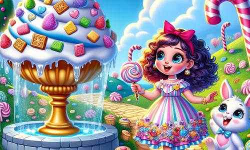Una ragazza di 12 anni, di nome Viola, con capelli ricci e viola, occhi scintillanti di curiosità, si trova davanti a una grande fontana di gelato colorata, con un sorriso meravigliato sul volto. Indossa un vestito a motivi di caramelle e tiene in mano un frullato scintillante, pronta a condividerlo. Accanto a lei, un piccolo coniglio bianco con un cappello rosso, dagli occhi maliziosi, salta allegramente, mostrando la strada verso la fontana. Il paesaggio è una collina soleggiata, coperta di marshmallow giganti e biscotti colorati, con nuvole a forma di marshmallow che fluttuano in un cielo blu brillante. Gli alberi di zucchero filato fiancheggiano il sentiero, aggiungendo un tocco di magia all'ambiente. Viola, piena di entusiasmo, è pronta a gustare il frullato magico, mentre il coniglio la incoraggia con un grande sorriso, creando un'atmosfera gioiosa e giocosa.