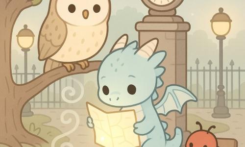 Ein junger hellblauer Drachen (Wyrmling) mit porzellanähnlichen Schuppen, dünnen papierartigen Flügeln und großen runden Augen, wohlwollend und konzentriert, legt behutsam eine leuchtende Karte auf die Brust einer Parkuhr. Mura, eine große cremefarbene, braun gesprenkelte Eule mit sanften weisen Augen, sitzt auf einem Ast darüber und beobachtet lächelnd. Ein kleiner roter, schwarzgepunkteter Käfer, fröhlich und eilig, hält eine Ecke der Karte und steht neben dem Drachen auf einer niedrigen Bank. Ort: städtischer Park mit schmiedeeisernen Gittern, glatten Pflastersteinen, runden Laternen mit warmem Licht, einer großen Eiche mit sichtbaren Wurzeln und einer steinernen Uhr in der Mitte; leichter silbriger Nebel steigt zwischen den Wegen auf. Hauptsituation: die Karte strahlt ein sanftes Licht aus, das den Nebel in silbernen Spiralen zurückdrängt; zärtliche Atmosphäre, pastellfarben, einfache Formen, klare Konturen.