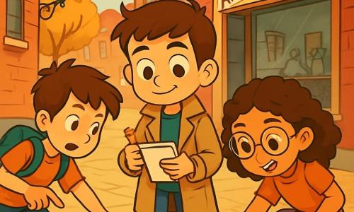 Um garoto de onze anos, chamado Henrique, está no centro da imagem, com olhos curiosos e um sorriso determinado. Ele usa um velho casaco de detetive, segurando um caderno em uma mão e um lápis na outra, pronto para anotar suas descobertas. À sua direita, uma menina da mesma idade, Sara, com cabelos cacheados e óculos, observa atentamente uma pista no chão, com uma expressão concentrada e entusiasmada. À esquerda, Tomás, outro garoto da mesma idade, com cabelos castanhos bagunçados, aponta para uma pegada, parecendo intrigado. O cenário é uma rua antiga de Vila Neblina, com casas de tijolos vermelhos, lampiões de ferro forjado e árvores com folhas douradas, criando uma atmosfera misteriosa. Ao fundo, a velha loja de antiguidades do Sr. Baltazar, com uma vitrine empoeirada e objetos antigos, adiciona um toque de enigma à cena. A situação principal mostra Henrique e seus amigos em plena investigação, examinando pistas no chão, com expressões de curiosidade e empolgação, prontos para resolver o mistério do roubo da caixa de música.