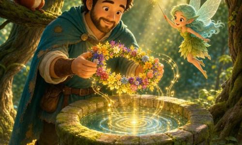 Homem Duarte, rosto redondo e barba por fazer, expressão serena e feliz, olhos brilhantes, capa azul-esverdeada gasta e botas de couro marrom, segurando delicadamente uma coroa de flores multicolor sobre um poço de pedra; Fada Grinalda, muito pequena, cabelos verde-menta e vestido de folhas, voando ao nível do ombro direito e sorrindo com uma varinha cintilante; esquilo ruivo num galho à esquerda, focinho curioso e cauda felpuda, aplaudindo; poço redondo de pedra coberto de musgo, água límpida, árvores antigas e tapete de pétalas douradas sob luz suave de fim de tarde com raios filtrados; Duarte pousa a coroa no rebordo e as flores emanam brilho quente e ondulações visíveis na água, cena calma, mágica e de alívio; paleta em verdes esmeralda, azuis suaves e toques de amarelo dourado, texturas em gradiente e atmosfera acolhedora.