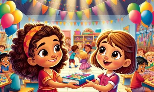 Uma menina de 8 anos, Sofia, com cabelos castanhos e cacheados, e olhos brilhantes de curiosidade, está no centro da imagem. Ela usa um vestido colorido e um grande sorriso no rosto, demonstrando seu entusiasmo enquanto entrega um livro a outra criança. Ao lado dela, Ana, uma menina de 8 anos com cabelos loiros e lisos, com uma expressão de alegria e surpresa, abraça o livro contra o peito, seus olhos brilhando de gratidão. O cenário se passa em um centro comunitário animado, cheio de mesas cobertas de brinquedos e livros coloridos, com balões pendurados nas paredes. É possível ver crianças brincando e trocando sorrisos ao redor, criando uma atmosfera calorosa e acolhedora. A cena principal mostra Sofia entregando um livro a Ana, simbolizando o ato de compartilhar e solidariedade, enquanto outras crianças se divertem ao redor, ilustrando o espírito de comunidade e ajuda mútua.