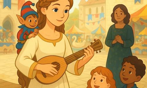 The princess stands center stage, serene and focused with bright eyes and light brown braided hair, wearing a simple cream dress with gold trim as she plays a small honey‑wood lute; Purl, a mischievous multicolored sprite with a drum hat, perches on her shoulder encouragingly; Lady Morwen, about 45, watches from the platform with a warm, proud look and hands clasped in a dark floral gown; a freckled redheaded girl of about eight applauds near a boy holding a paper flag. The wide stone palace square is lined with light facades, red, blue and gold banners, swan‑shaped decorated chariots, candy stalls and ribbon garlands; morning light casts soft shadows and golden dust, a gentle breeze lifts ribbons, and the overall mood is joyful, intimate, with crisp graphic details and saturated colors.
