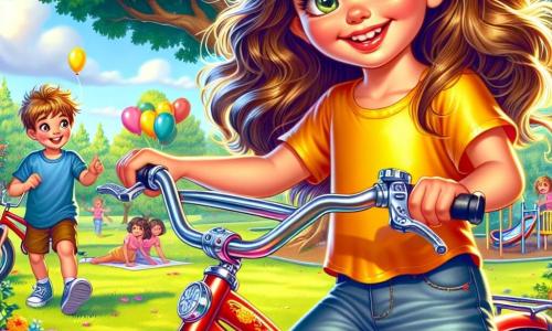 An 8-year-old girl, Ellie, with long brown hair and sparkling eyes, stands on a shiny red bike, smiling widely with flushed cheeks from excitement. She wears a bright yellow t-shirt and denim shorts, her arms raised in victory. Next to her, a 9-year-old boy, Max, with messy blonde hair and a blue t-shirt, looks at her with a friendly smile, holding his own red bike with silver wheels. The setting is a sunny park with a large oak tree, colorful flowers scattered on the ground, and children playing in the background. The scene takes place near a lively playground, where laughter echoes and balloons float in the blue sky. Ellie, on her bike, has just won a race but feels a slight hesitation, realizing she borrowed Max's bike without asking. Her expression shows both the joy of victory and a bit of worry as she prepares to confess the truth to her friends.