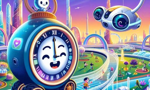 In un parco futuristico di LuminaCity, un piccolo orologio di nome Tic, con un quadrante sorridente e occhi luminosi, rotola felicemente su una passerella trasparente, i suoi ingranaggi scintillano sotto le luci colorate della città. Accanto a lui, un drone di nome Zip, con una camera come occhi e un'antenna a forma di corno, fluttua nell'aria, mostrando a Tic i progetti ecologici su un grande schermo. Il parco è pieno di giardini sospesi, fontane con acque colorate che creano arcobaleni e edifici di cristallo che brillano al tramonto, mentre i bambini giocano con aquiloni volanti. Tic e Zip, meravigliati, scoprono insieme le nuove iniziative per rendere LuminaCity più verde e sostenibile, condividendo il loro entusiasmo per un futuro radioso.