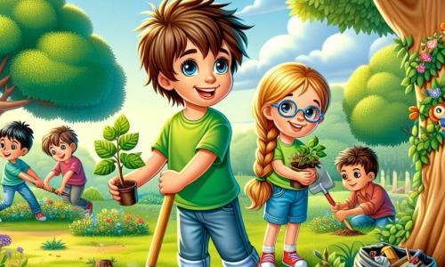Um garoto de 10 anos, Lucas, com cabelos castanhos bagunçados e olhos brilhantes de determinação, está plantando uma pequena árvore em um parque ensolarado. Ele usa uma camiseta verde vibrante e um short de jeans, e seu rosto expressa grande alegria e orgulho. Ao lado dele, Ana, uma menina de 9 anos com cabelos longos e loiros trançados, sorri segurando uma pá, pronta para ajudar. Um pouco mais longe, Pedro, um garoto de 10 anos com óculos e cabelos pretos, está recolhendo lixo em um saco plástico, com uma expressão concentrada. O parque está cheio de vegetação exuberante, com árvores majestosas, flores coloridas e um céu azul brilhante. A cena principal mostra Lucas e seus amigos em ação, unindo forças para deixar o parque mais bonito e limpo, enquanto se divertem juntos.