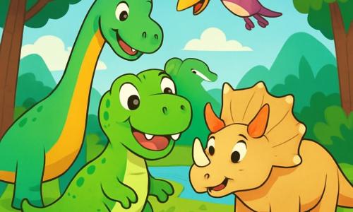 Ein Tyrannosaurus Rex namens Timo, mit leuchtend grüner Haut und glänzenden Schuppen, steht im Mittelpunkt des Bildes, zeigt ein großes, fröhliches Lächeln und hat funkelnde Augen vor Aufregung. An seiner Seite schaut Tara, ein Triceratops mit majestätischen Hörnern und beiger Haut, freundlich zu Timo, bereit zu helfen. Breo, ein Brachiosaurus mit langem Hals, beugt sich leicht vor, um die Szene zu beobachten, seine Augen sanft und neugierig, während Pina, ein Pteranodon mit bunten Flügeln, über ihnen schwebt, die Flügel ausgebreitet und mit einem fröhlichen Ausdruck. Die Kulisse ist eine wunderschöne prähistorische Landschaft mit üppigen Farnen, riesigen Bäumen und einem hellblauen Himmel, der mit flauschigen Wolken bedeckt ist. In der Ferne funkelt ein Bach in der Sonne und verleiht der Umgebung einen Hauch von Magie. Die Hauptsituation zeigt Timo und seine Freunde, die sich um einen alten Baumfarn versammeln, wo sie eine alte, geheimnisvolle Rolle entdecken, alle vereint in einem Moment des Teilens und Entdeckens, bereit, gemeinsam zu singen, um die Harmonie in ihrem Tal zurückzubringen.