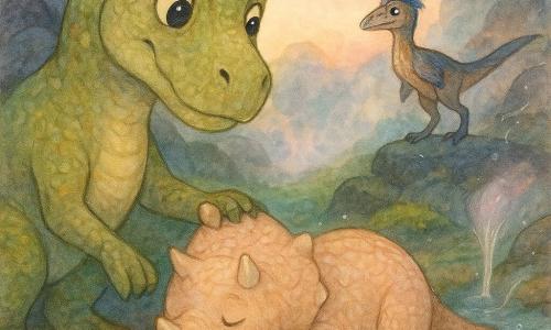 Młody Tyranozaur o ciekawym, łagodnym spojrzeniu, oliwkowo-zielonych łuskach z żółtawymi tonami, klęczy nad małym gorącym basenem, podpierając rannego, zaokrąglonego triceratopsa o krótkich rogach i różowo-beżowych łuskach, którego przednia łapa jest zabandażowana liśćmi; obok na bezpiecznym kamieniu stoi smukły, żywy velociraptor Zefir z brązowo-niebieskimi piórami, wskazując pyszczkiem drogę i czujnie obserwując, a całość rozgrywa się w ukrytej dolinie otoczonej błyszczącymi czarnymi skałami, z dywanem zielonej i czerwonej mchu, delikatną parą w różowo-niebieskich smugach, małymi gejzerami i ciepłym strumieniem, który leczy ranę; scena jest łagodna, zmierzchowa, w pastelowych barwach, z podkreślonymi fakturami łusek, liści i kropli pary.