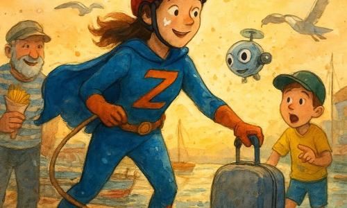 Supereroina adulta sorridente ma concentrata, macchia di vernice bianca sulla guancia e sulla tuta blu elettrico con grande Z arancione sul petto, casco da bici rosso, mantello leggermente impigliato a una corda mentre afferra delicatamente la maniglia di una valigia ribelle che rotola; un piccolo drone tondo chiamato Bzz-Bip, metallico argento con occhi disegnati, ronza vicino alla sua spalla destra con aria maliziosa; a sinistra, sullo sfondo, un pescatore di circa 60 anni, barbuto e abbronzato, con abiti a righe e coppola tiene un cono di patatine osservando divertito; a destra un bambino di circa 8 anni con berretto su uno scooter verde indica la valigia con la bocca aperta per lo stupore; tre gabbiani bianchi e grigi svolazzano sopra, uno inclinato come se guardasse la valigia; ambientazione in una marina lastricata al tramonto con moli in legno, barche colorate, bandierine spiegazzate, un chiosco di patatine e una locandina che svolazza, con texture ad acquerello e riflessi sull'acqua; scena principale dinamica e comica: l'eroina trattiene la valigia che scivola verso la passerella mentre gli altri reagiscono con sorpresa e divertimento in un'atmosfera calda e leggera.
